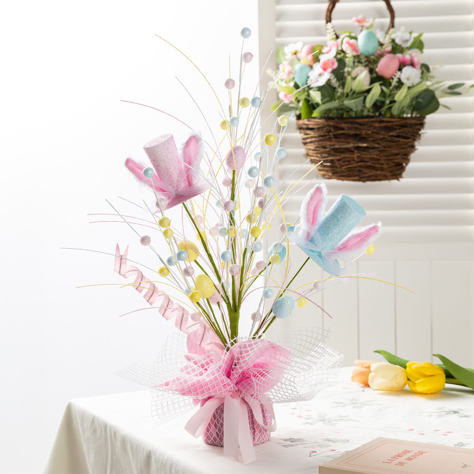 Glitzhome® 21" Easter Glitter Egg & Top Hat Table Tree Decor